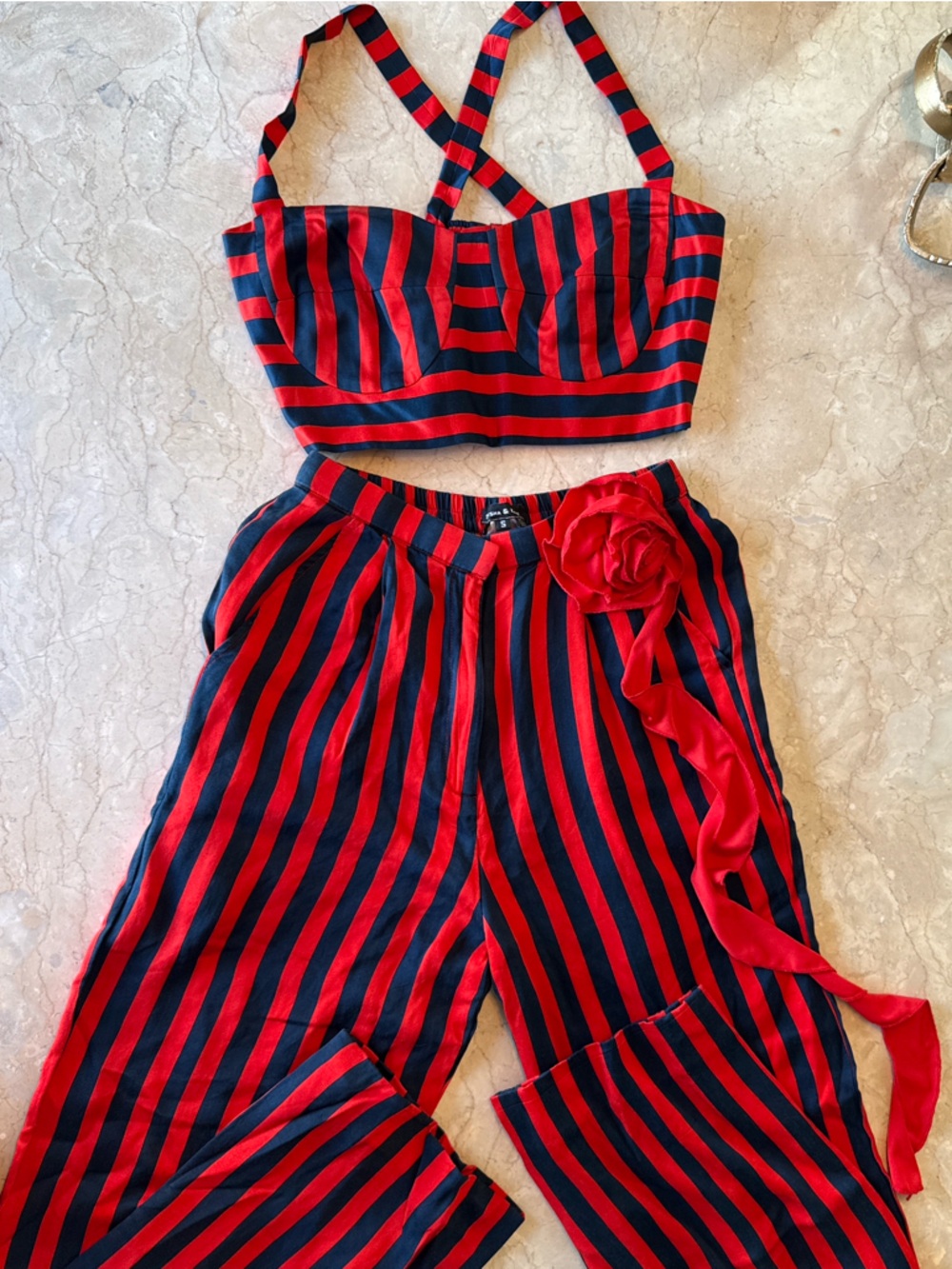Saaksha & Kinni Bright Red and Navy Striped Two-Piece Set
